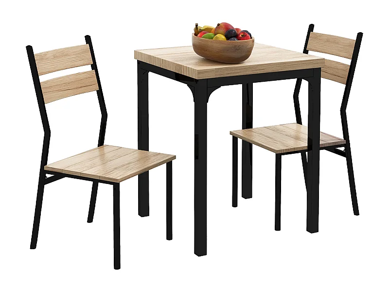 Ensemble table de cuisine avec 2 chaises, bois naturel et noir, MDF (60x60x76 cm)