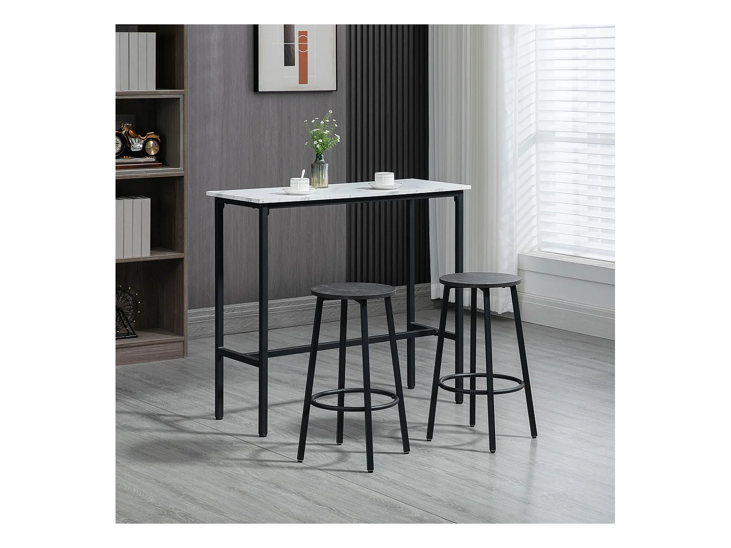Table de bar avec 2 tabourets, ensemble 3 pièces, design moderne, acier, blanc et noir (100x40x90 cm)