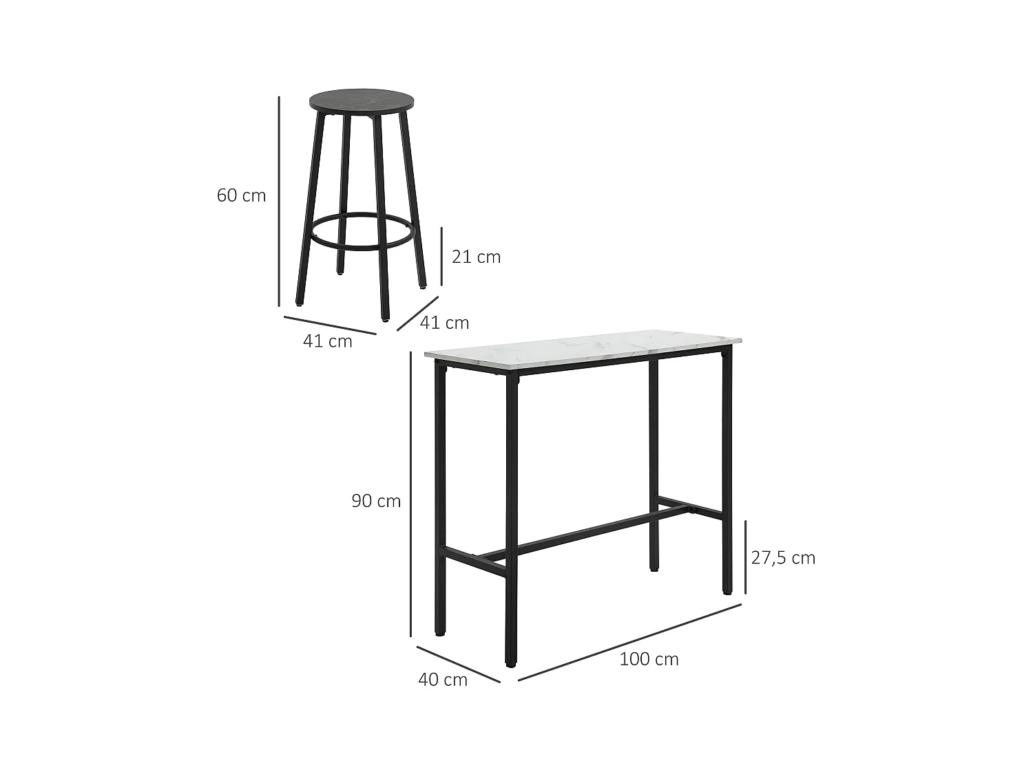 Table de bar avec 2 tabourets, ensemble 3 pièces, design moderne, acier, blanc et noir (100x40x90 cm)