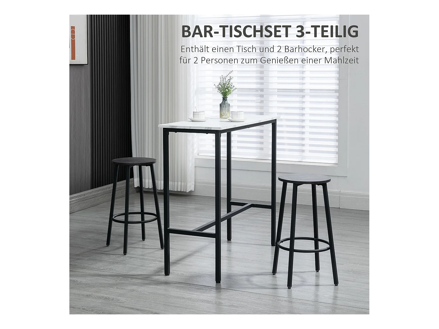 Table de bar avec 2 tabourets, ensemble 3 pièces, design moderne, acier, blanc et noir (100x40x90 cm)