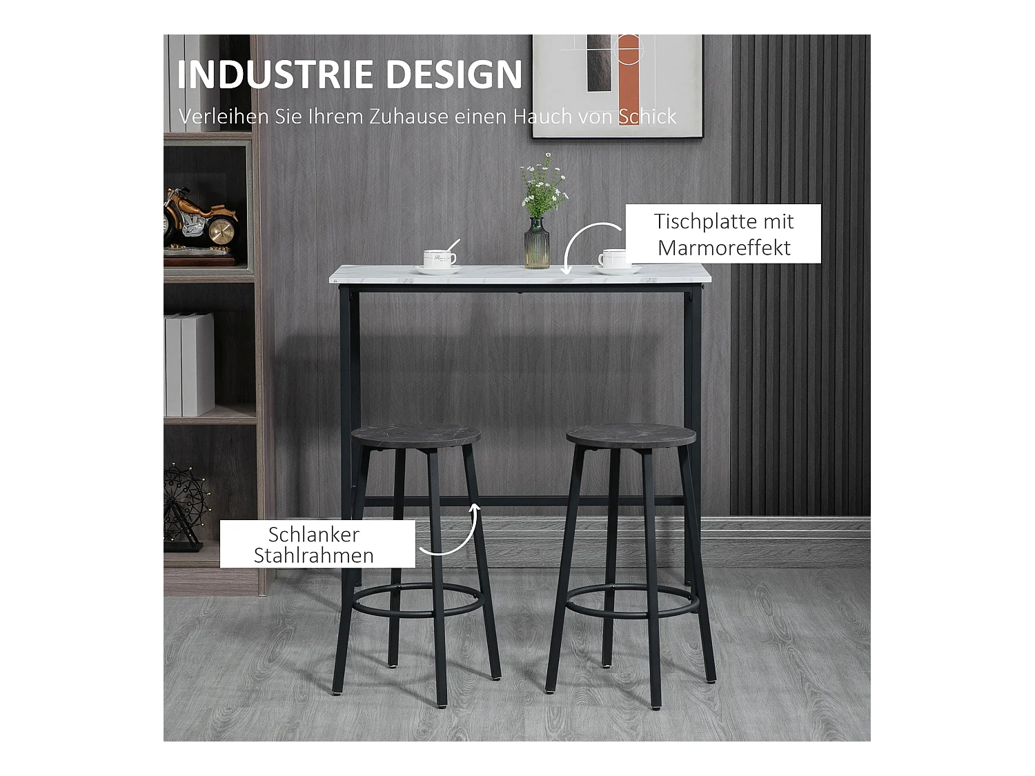 Table de bar avec 2 tabourets, ensemble 3 pièces, design moderne, acier, blanc et noir (100x40x90 cm)