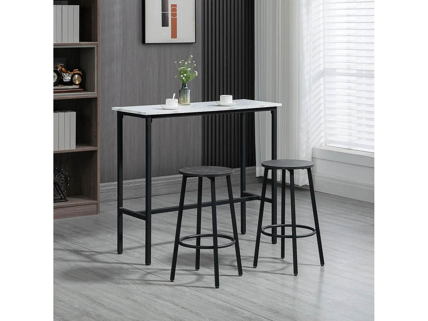 Table de bar avec 2 tabourets, ensemble 3 pièces, design moderne, acier, blanc et noir (100x40x90 cm)