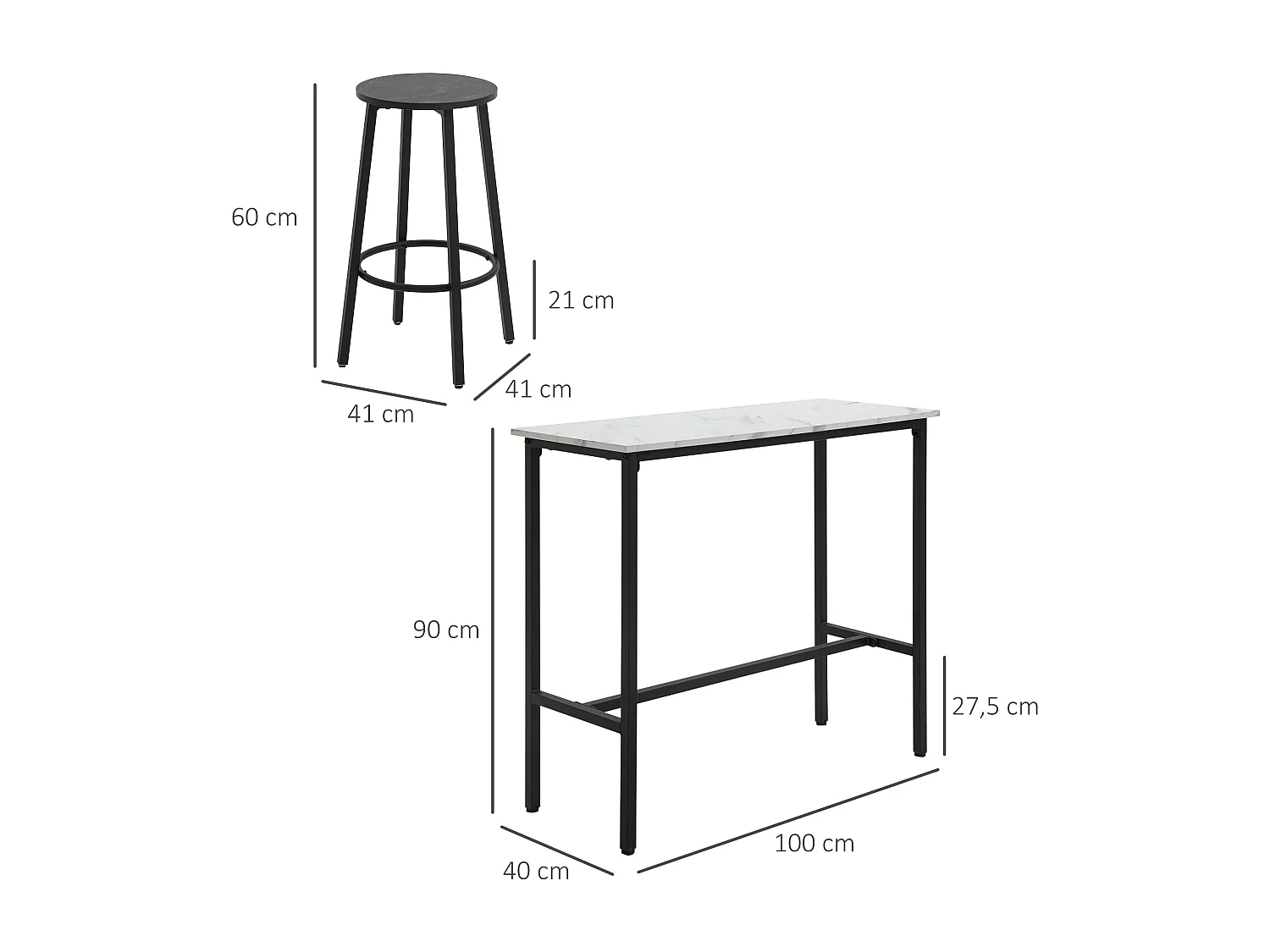 Table de bar avec 2 tabourets, ensemble 3 pièces, design moderne, acier, blanc et noir (100x40x90 cm)