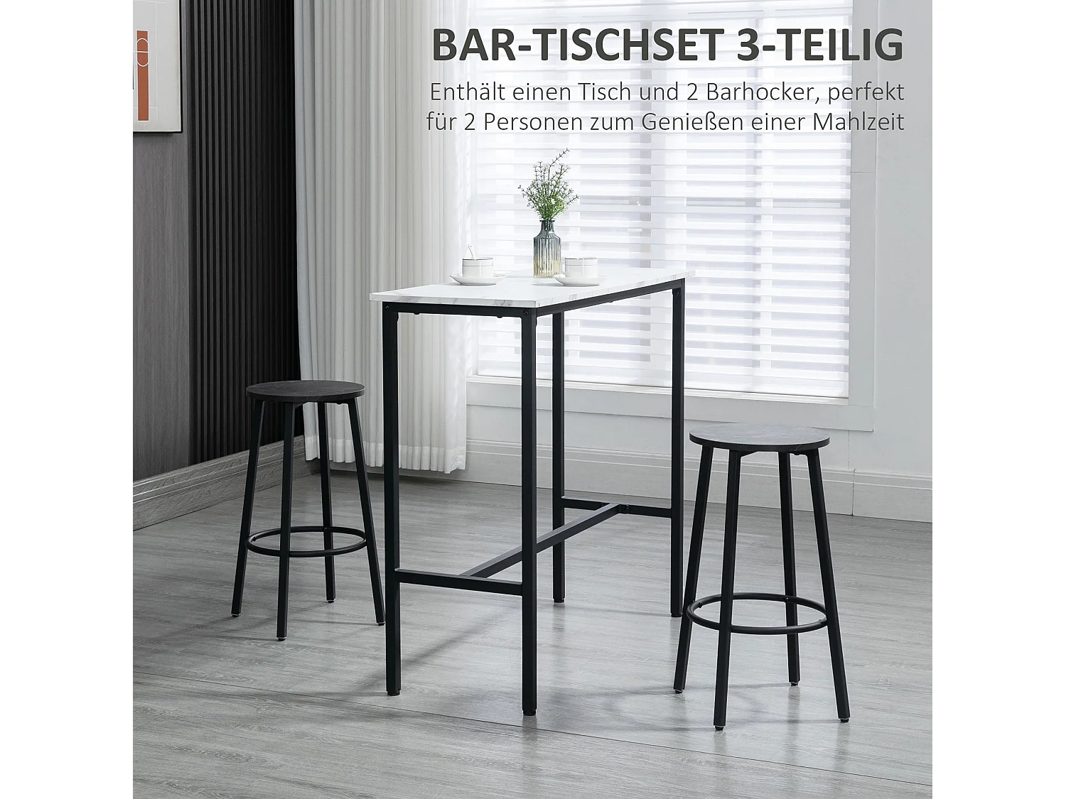 Table de bar avec 2 tabourets, ensemble 3 pièces, design moderne, acier, blanc et noir (100x40x90 cm)