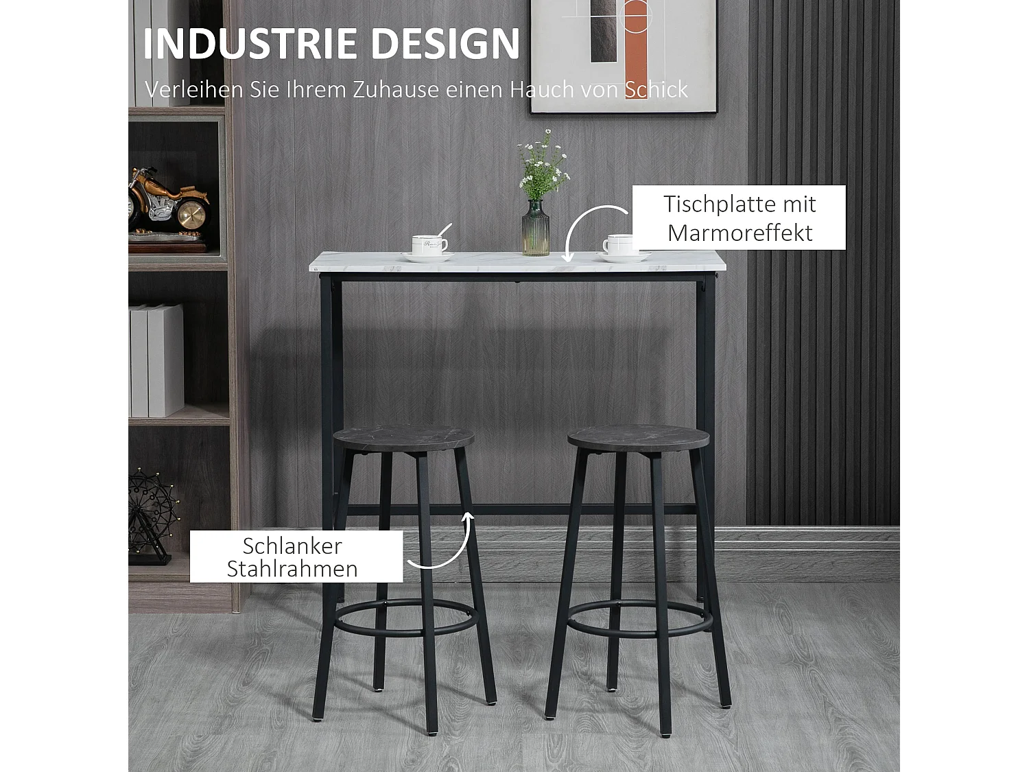 Table de bar avec 2 tabourets, ensemble 3 pièces, design moderne, acier, blanc et noir (100x40x90 cm)