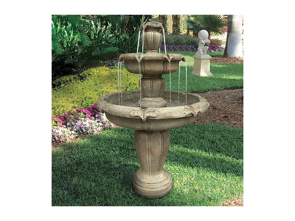 Fontaine murale extérieure moderne en béton avec pompe électrique, design 3 niveaux, couleur kaki (78x78x122 cm)