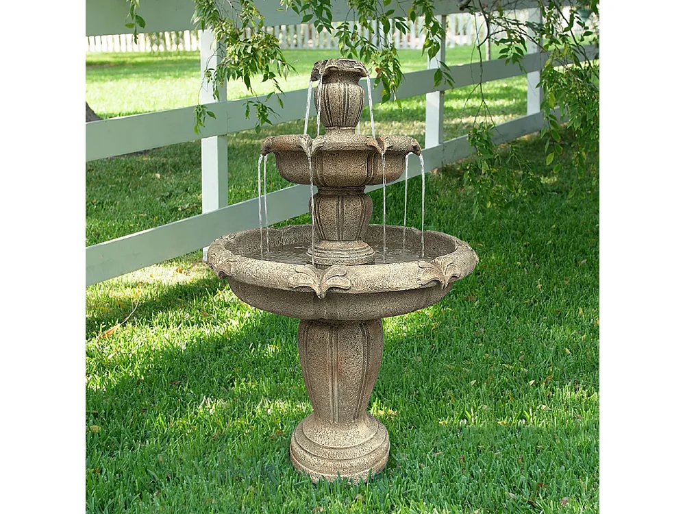 Moderna fontana da esterno in cemento con pompa elettrica, design a 3 livelli, colore cachi (78x78x122 cm)