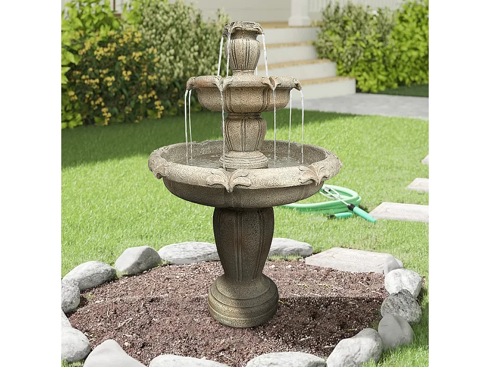 Moderna fontana da esterno in cemento con pompa elettrica, design a 3 livelli, colore cachi (78x78x122 cm)