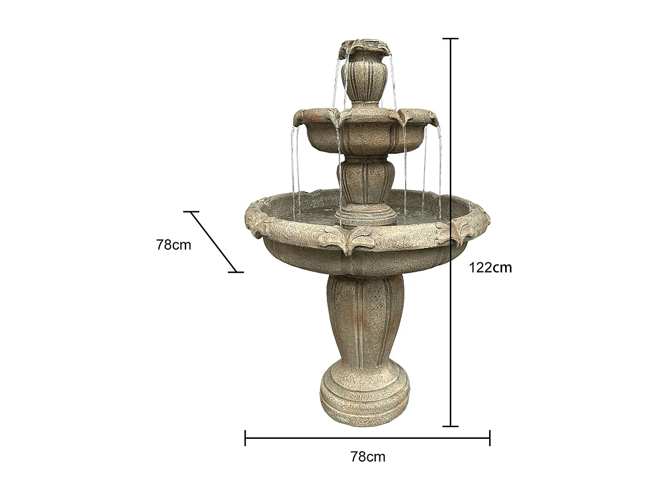 Moderna fontana da esterno in cemento con pompa elettrica, design a 3 livelli, colore cachi (78x78x122 cm)