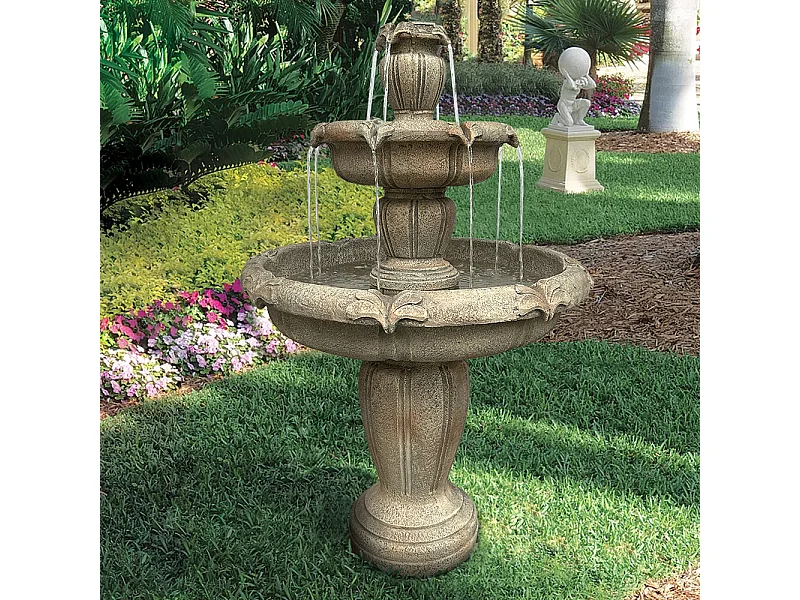 Moderna fontana da esterno in cemento con pompa elettrica, design a 3 livelli, colore cachi (78x78x122 cm)