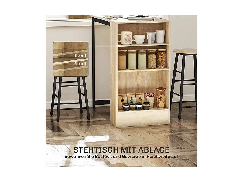 Set de table de bar avec 2 tabourets, avec rangement, acier, bois, blanc (91x49x91 cm)