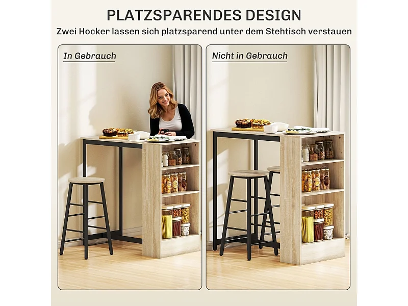 Set de table de bar avec 2 tabourets, avec rangement, acier, bois, blanc (91x49x91 cm)