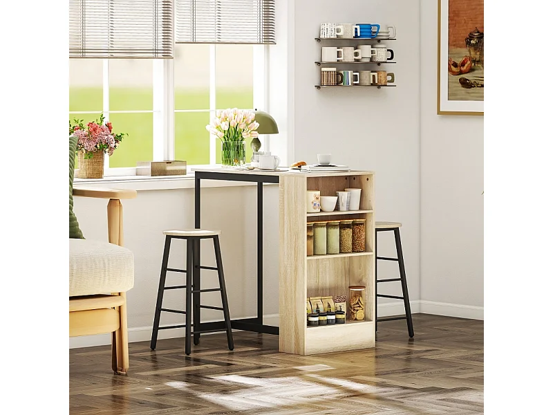 Set de table de bar avec 2 tabourets, avec rangement, acier, bois, blanc (91x49x91 cm)