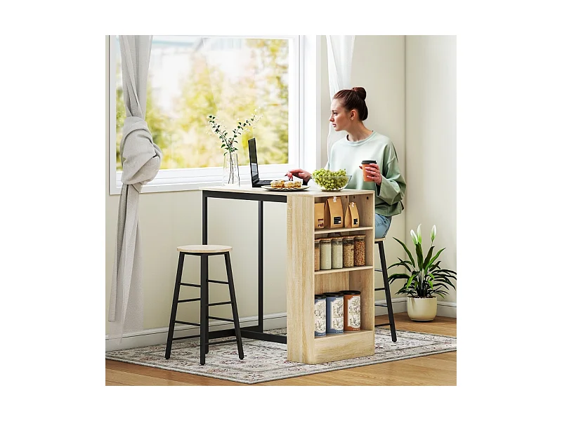 Set de table de bar avec 2 tabourets, avec rangement, acier, bois, blanc (91x49x91 cm)