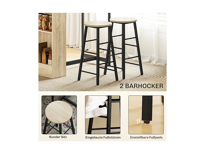 Set de table de bar avec 2 tabourets, avec rangement, acier, bois, blanc (91x49x91 cm)