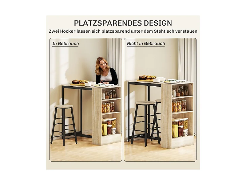 Set de table de bar avec 2 tabourets, avec rangement, acier, bois, blanc (91x49x91 cm)