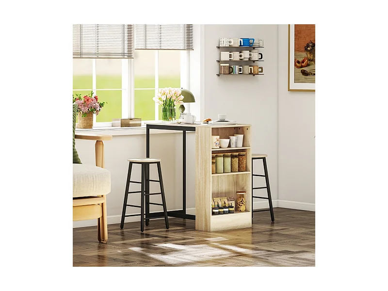 Set de table de bar avec 2 tabourets, avec rangement, acier, bois, blanc (91x49x91 cm)