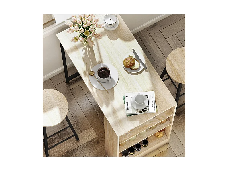 Set de table de bar avec 2 tabourets, avec rangement, acier, bois, blanc (91x49x91 cm)