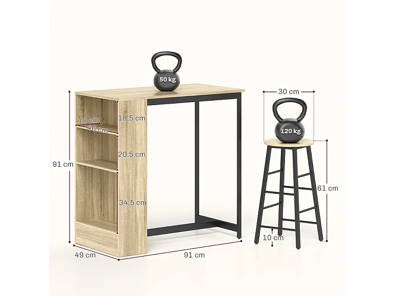 Set de table de bar avec 2 tabourets, avec rangement, acier, bois, blanc (91x49x91 cm)