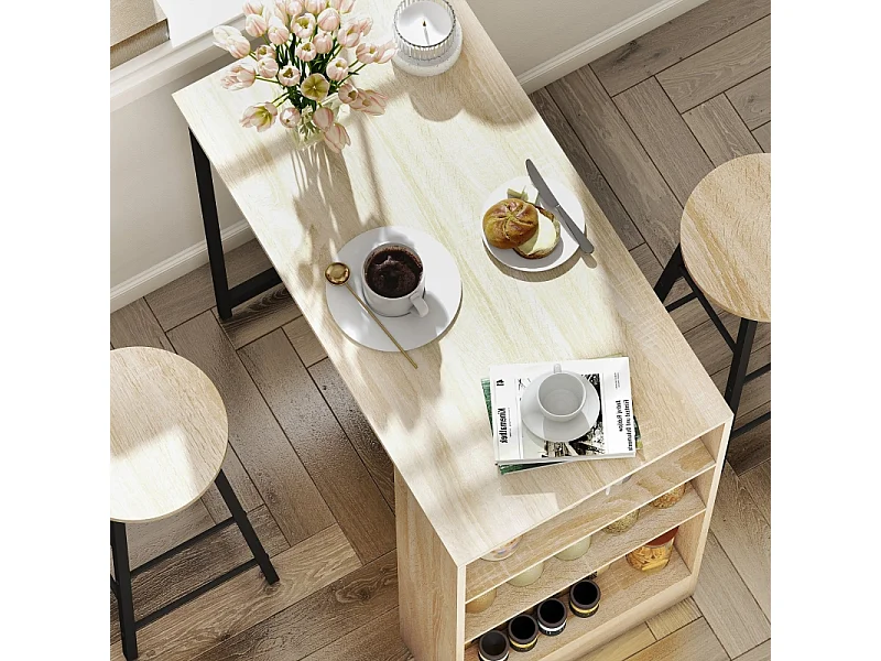 Set de table de bar avec 2 tabourets, avec rangement, acier, bois, blanc (91x49x91 cm)