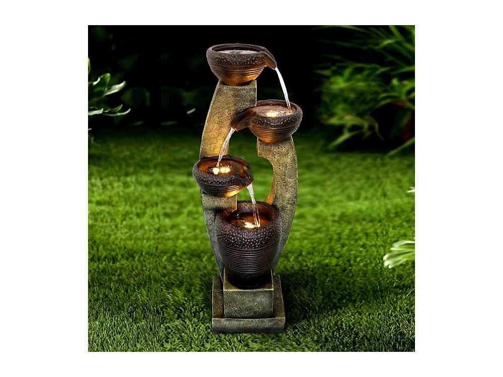 Fontaine de jardin moderne à colonnes courbes, design contemporain, polyrésine, gris et marron (35.5x36.5x100cm)