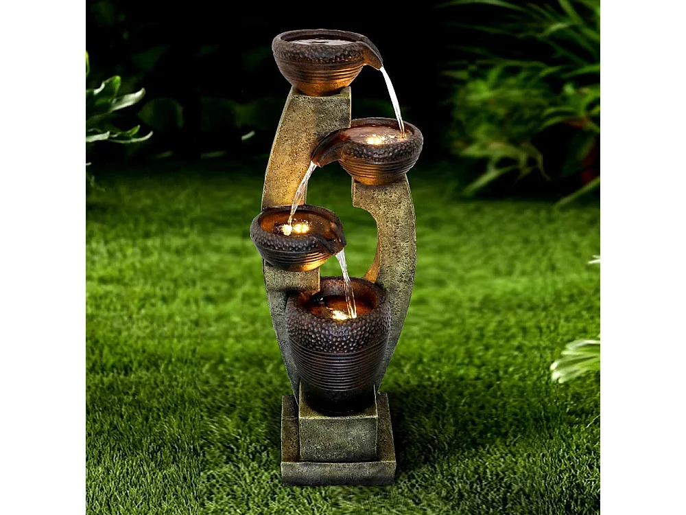 Fuente de jardín moderna con columnas curvas, diseño contemporáneo, poliresina, gris y marrón (35,5x36,5x100cm)