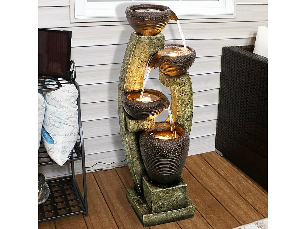 Fuente de jardín moderna con columnas curvas, diseño contemporáneo, poliresina, gris y marrón (35,5x36,5x100cm)