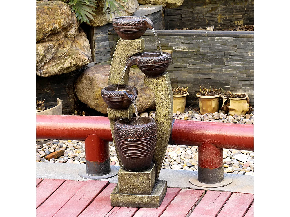 Fuente de jardín moderna con columnas curvas, diseño contemporáneo, poliresina, gris y marrón (35,5x36,5x100cm)