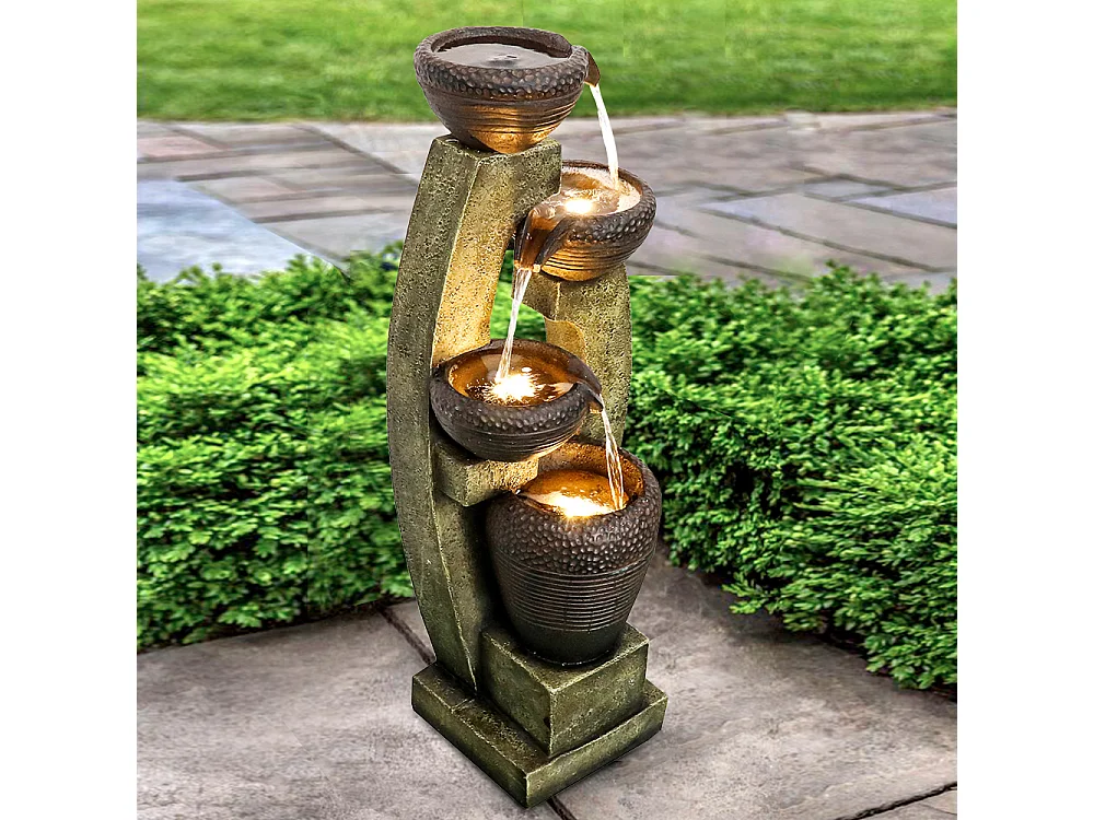 Fuente de jardín moderna con columnas curvas, diseño contemporáneo, poliresina, gris y marrón (35,5x36,5x100cm)