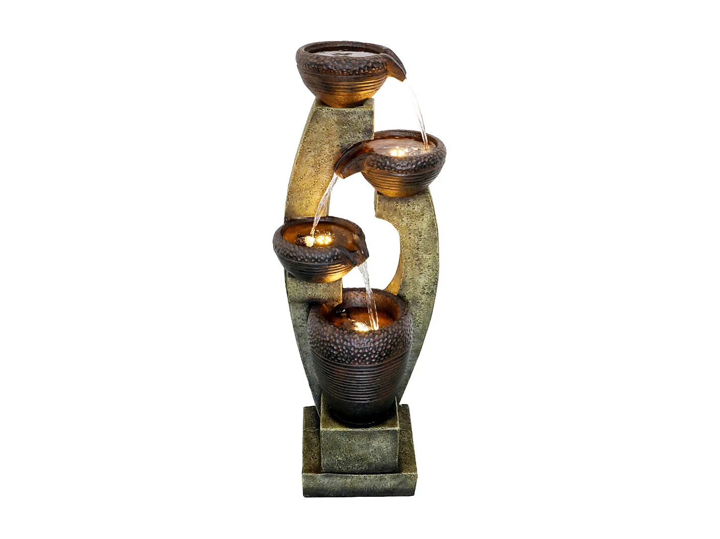 Fuente de jardín moderna con columnas curvas, diseño contemporáneo, poliresina, gris y marrón (35,5x36,5x100cm)