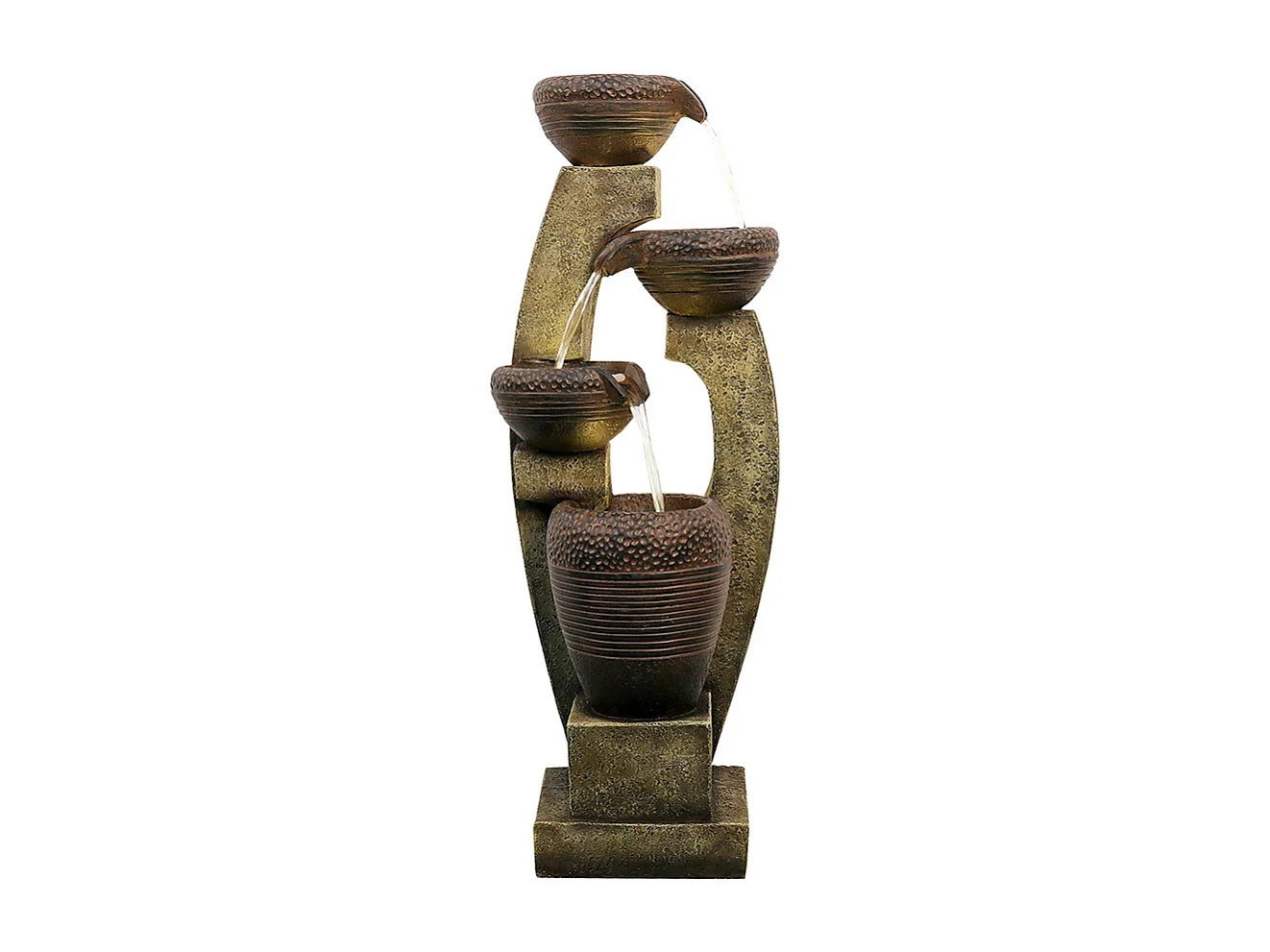 Fuente de jardín moderna con columnas curvas, diseño contemporáneo, poliresina, gris y marrón (35,5x36,5x100cm)
