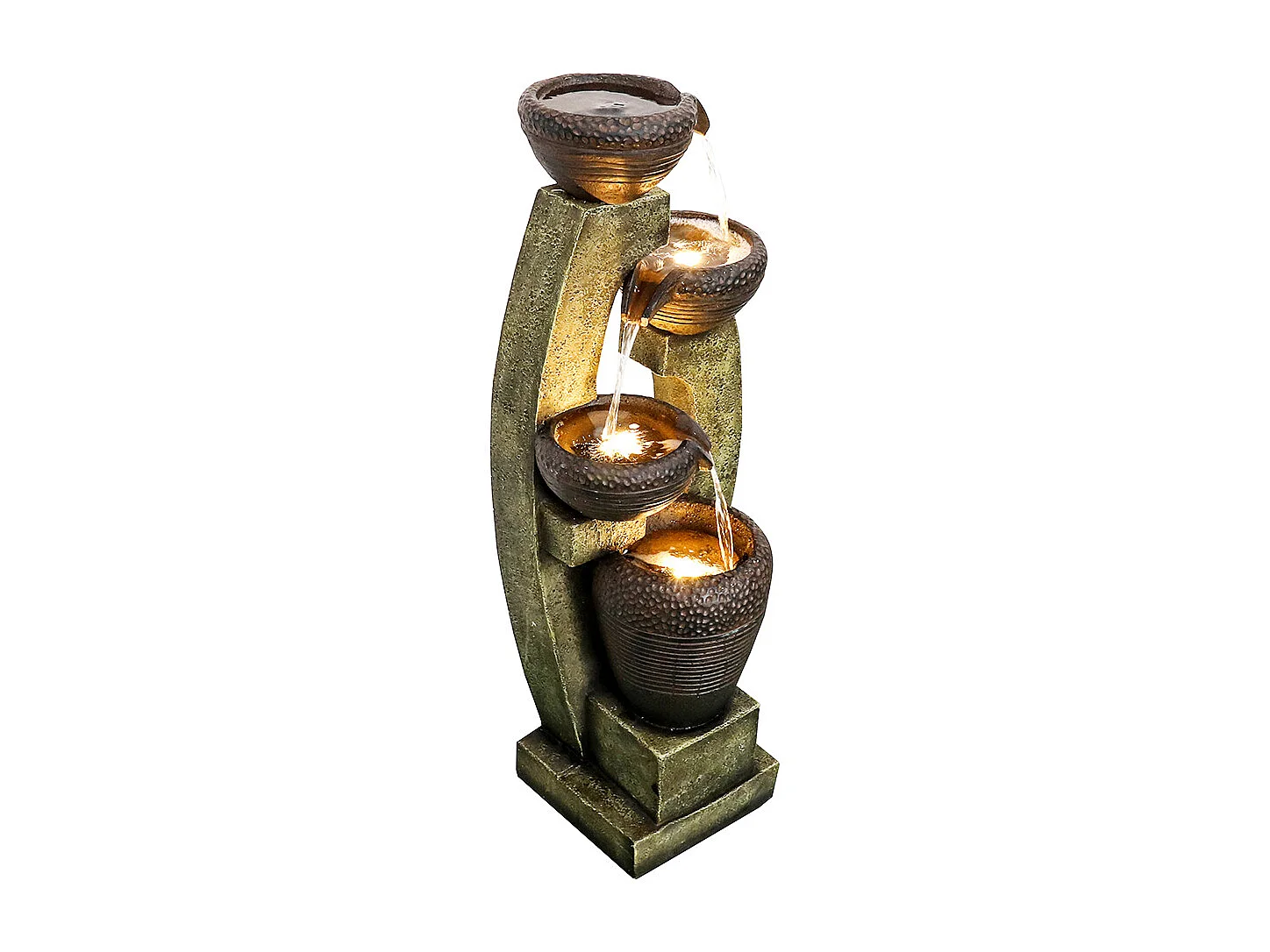 Fuente de jardín moderna con columnas curvas, diseño contemporáneo, poliresina, gris y marrón (35,5x36,5x100cm)