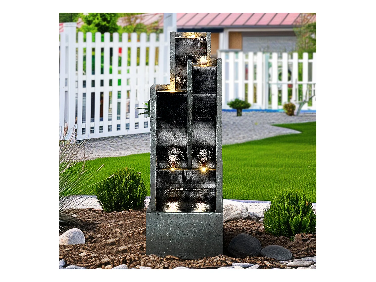 Moderna fontana da parete, design elegante, resina sintetica, nero e grigio, con illuminazione a LED ed effetto rilassante (43x25x128 cm)