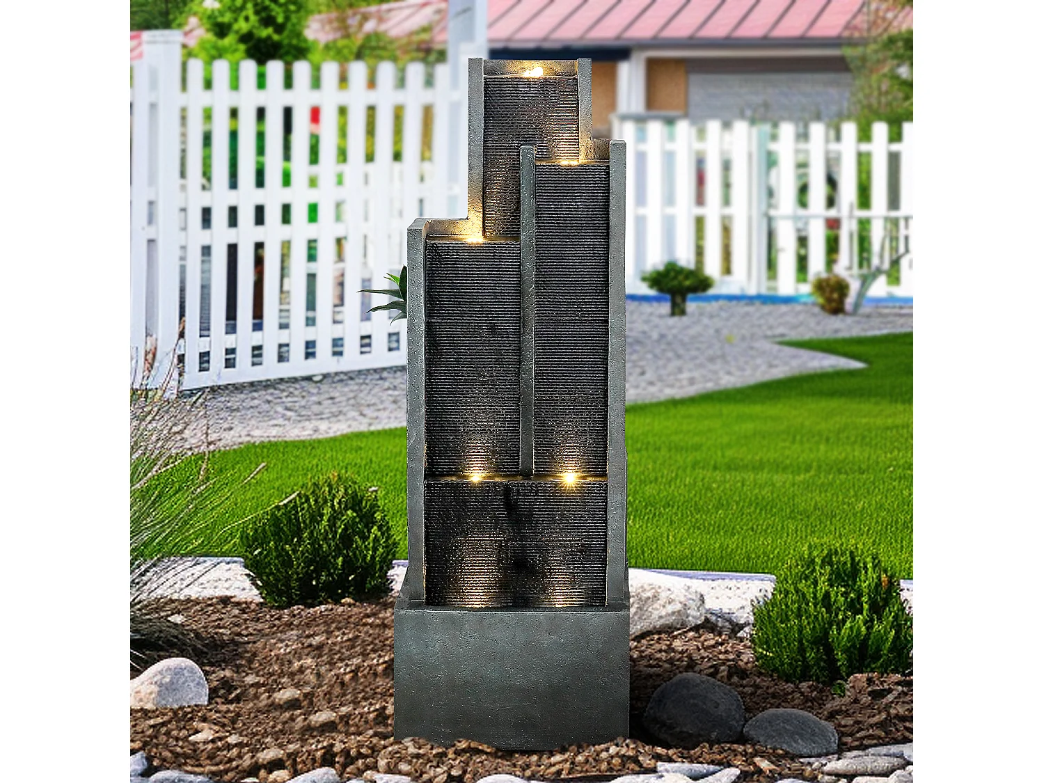 Fuente de agua de pared moderna, diseño elegante, resina sintética, color negro y gris, con iluminación LED y efecto relajante (43x25x128 cm)