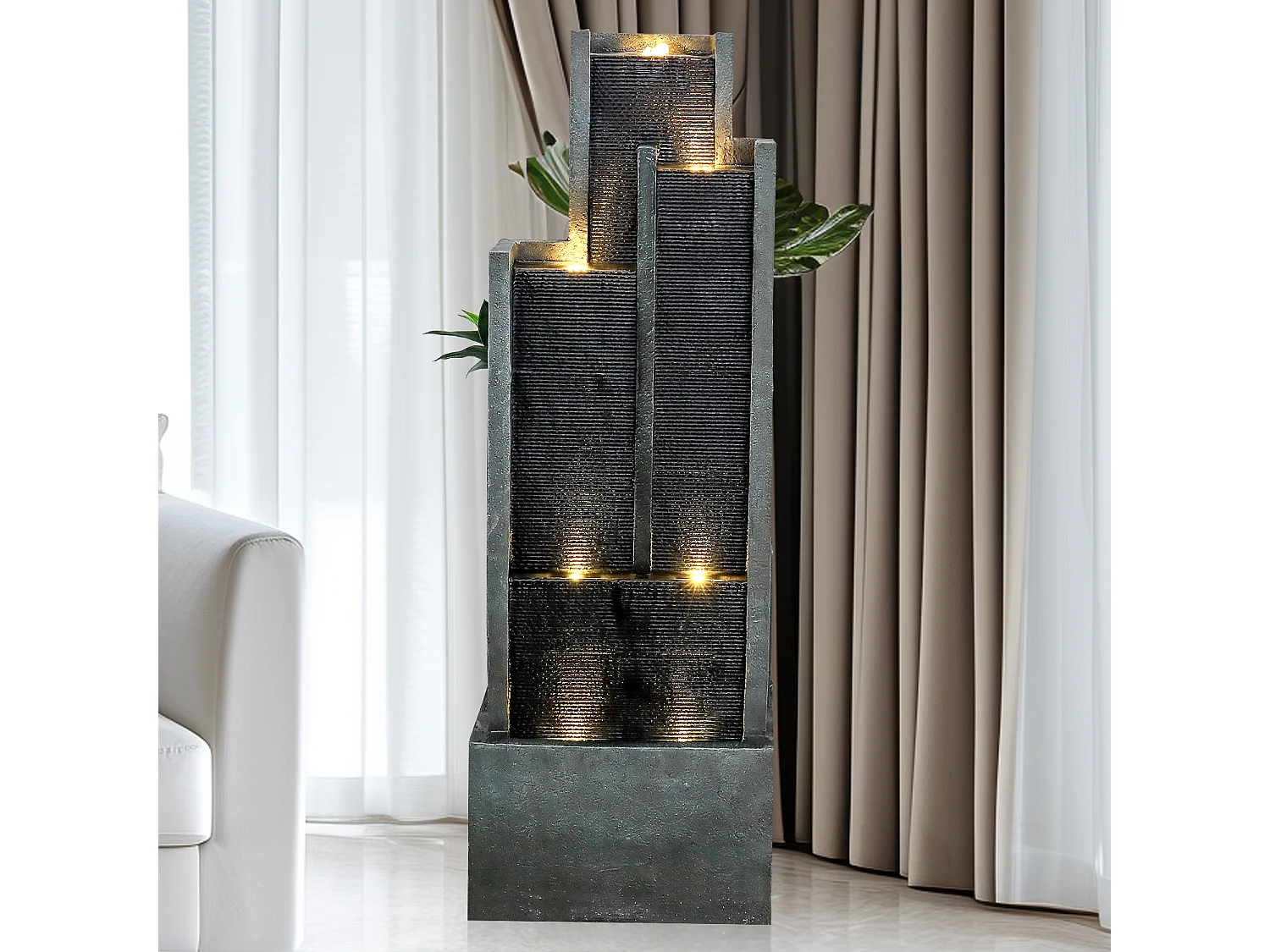 Fuente de agua de pared moderna, diseño elegante, resina sintética, color negro y gris, con iluminación LED y efecto relajante (43x25x128 cm)