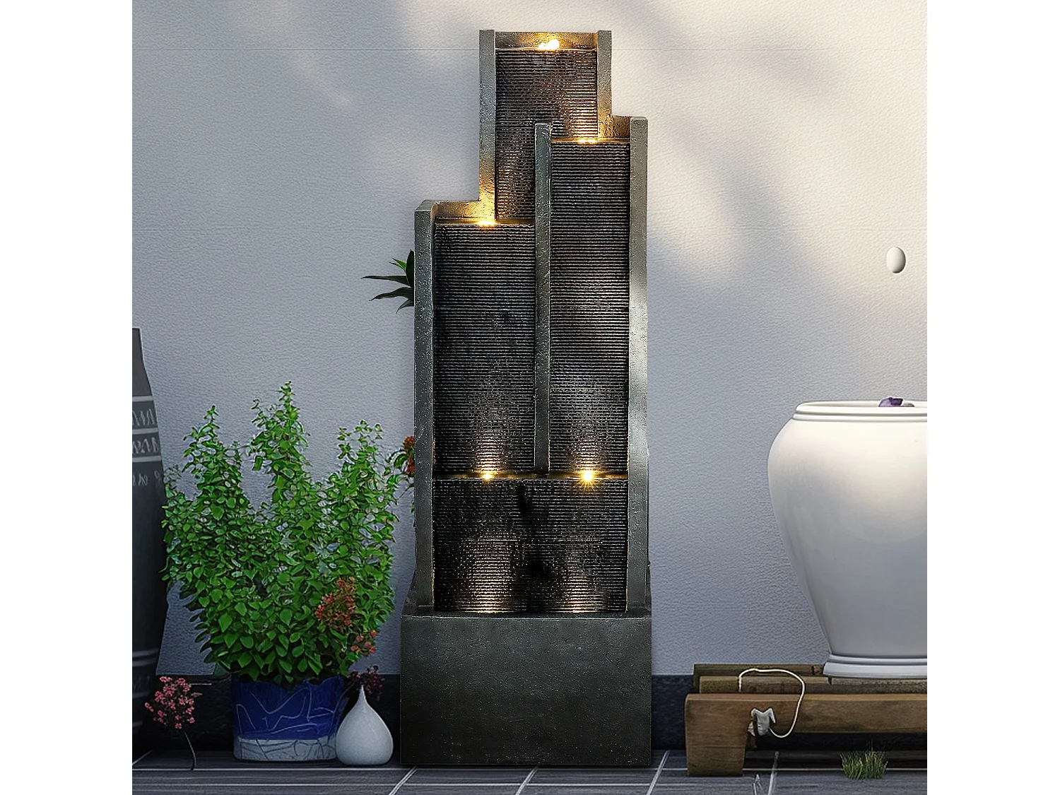 Fuente de agua de pared moderna, diseño elegante, resina sintética, color negro y gris, con iluminación LED y efecto relajante (43x25x128 cm)