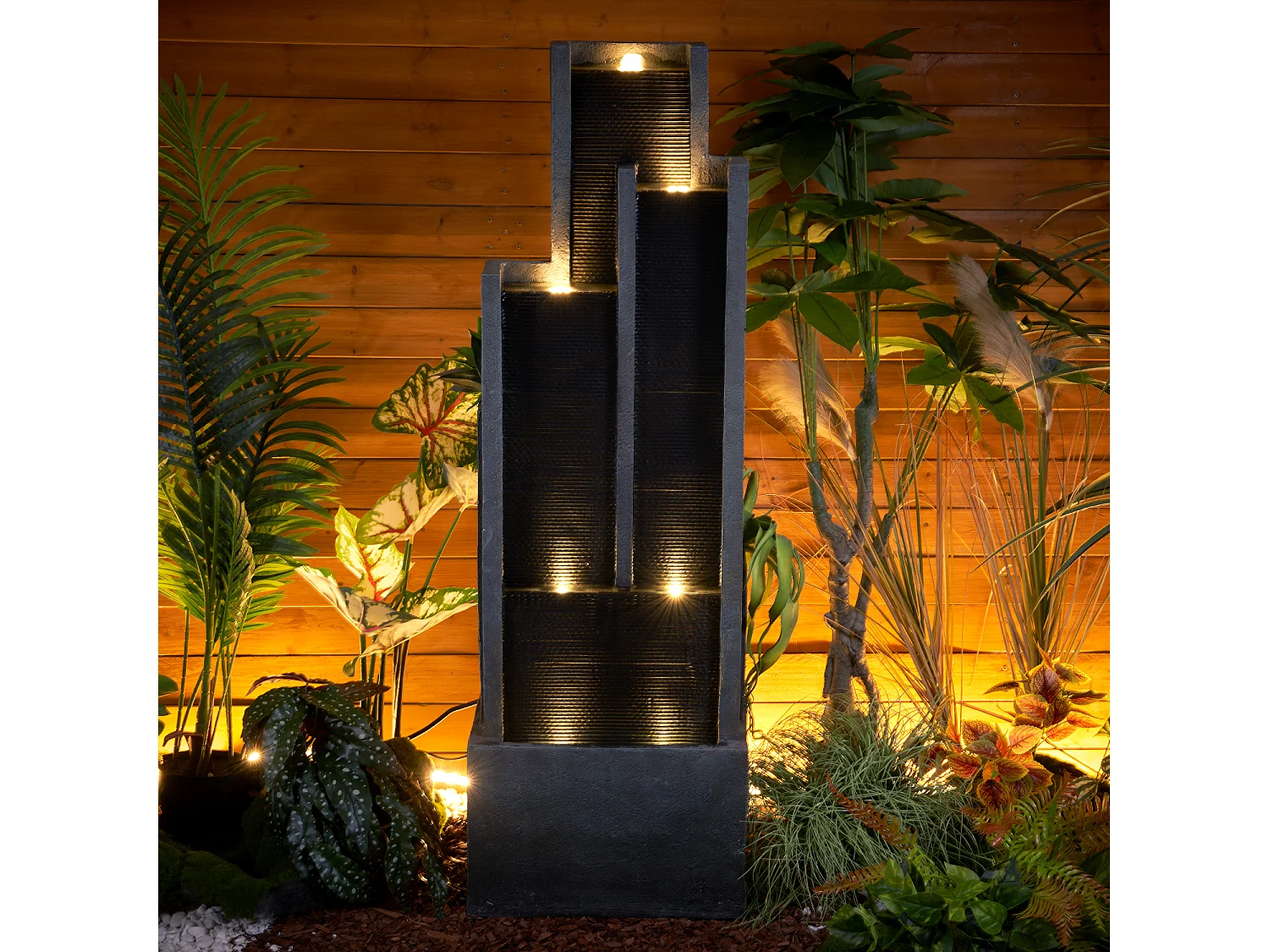 Fuente de agua de pared moderna, diseño elegante, resina sintética, color negro y gris, con iluminación LED y efecto relajante (43x25x128 cm)