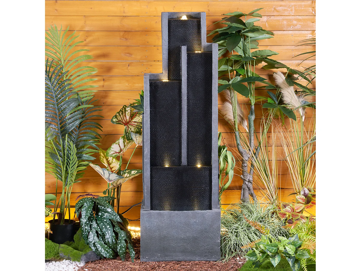 Fuente de agua de pared moderna, diseño elegante, resina sintética, color negro y gris, con iluminación LED y efecto relajante (43x25x128 cm)