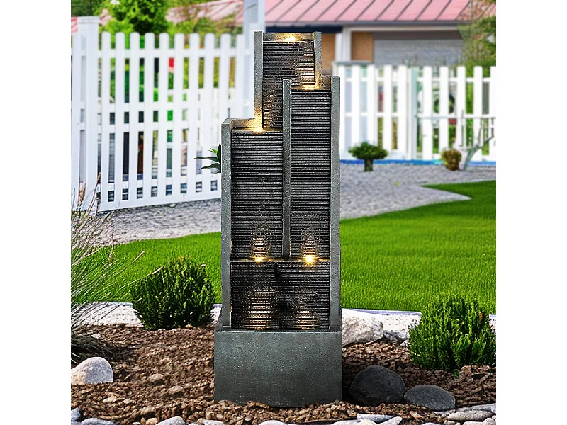 Fuente de agua de pared moderna, diseño elegante, resina sintética, color negro y gris, con iluminación LED y efecto relajante (43x25x128 cm)