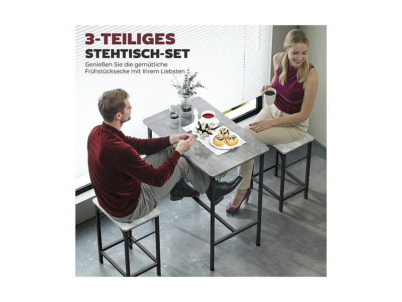 Table de bar avec chaises, set 3 pièces, métal, gris, avec repose-pieds antidérapants (80x50x87 cm)
