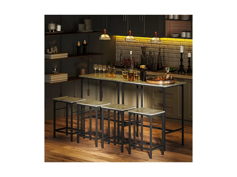 Table de bar avec chaises, set 3 pièces, métal, gris, avec repose-pieds antidérapants (80x50x87 cm)