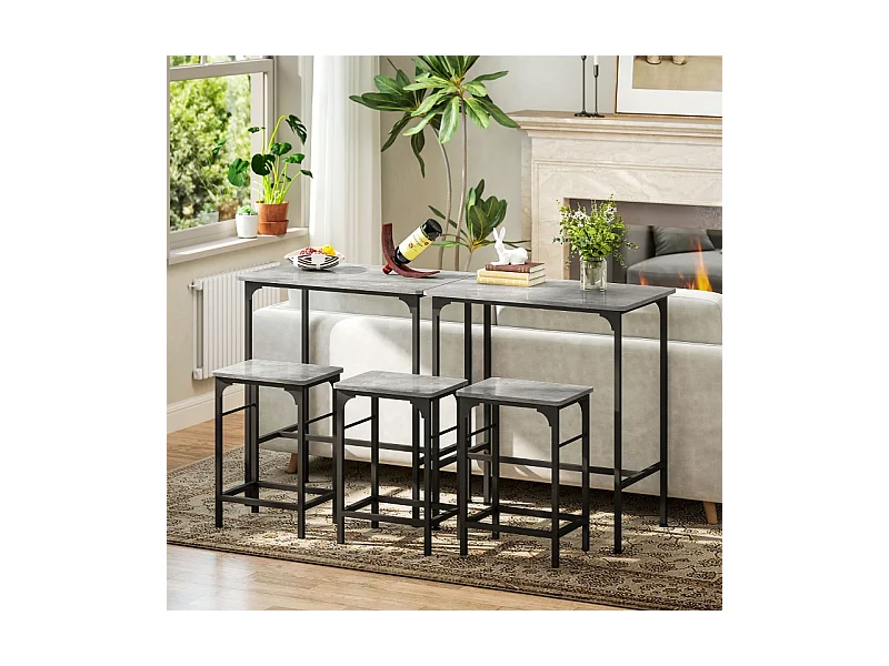 Table de bar avec chaises, set 3 pièces, métal, gris, avec repose-pieds antidérapants (80x50x87 cm)