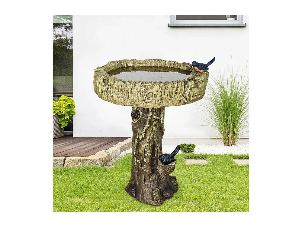 Bain d'oiseaux en béton imitation bois avec oiseau décoratif, résistant aux intempéries (46x46x62 cm)