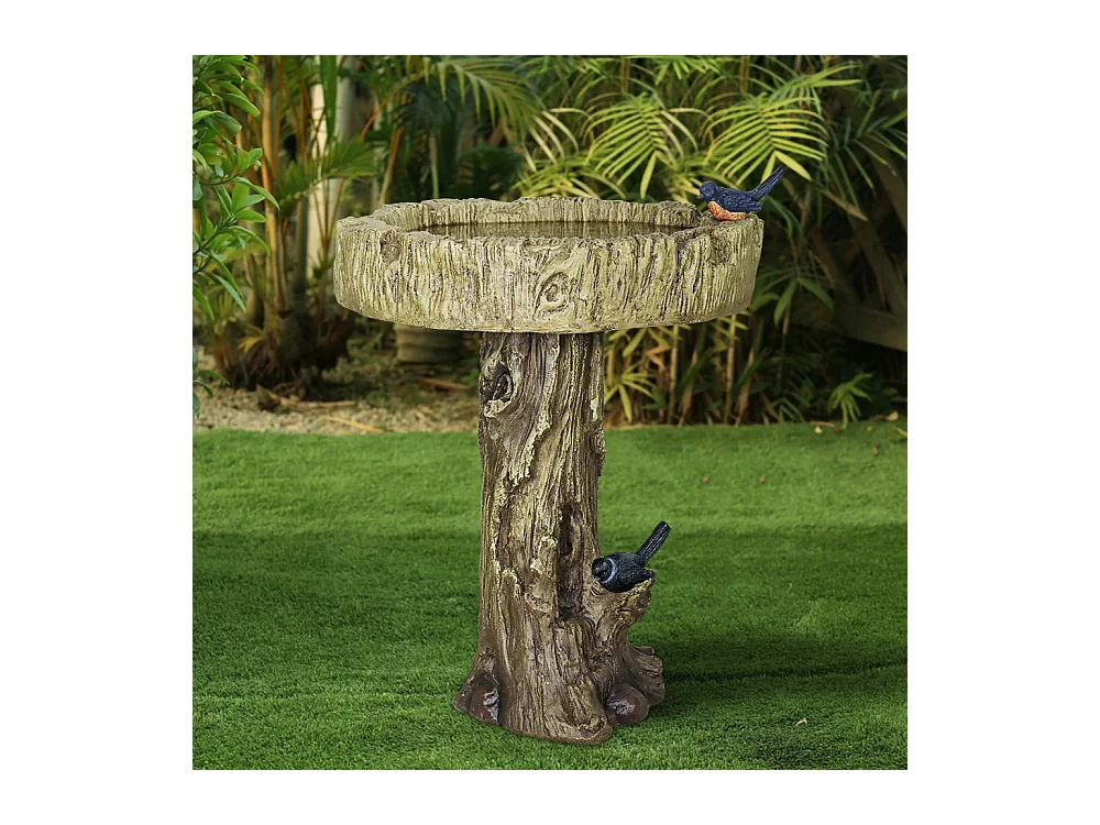 Bain d'oiseaux en béton imitation bois avec oiseau décoratif, résistant aux intempéries (46x46x62 cm)