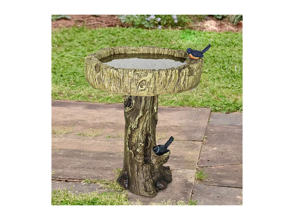 Bain d'oiseaux en béton imitation bois avec oiseau décoratif, résistant aux intempéries (46x46x62 cm)
