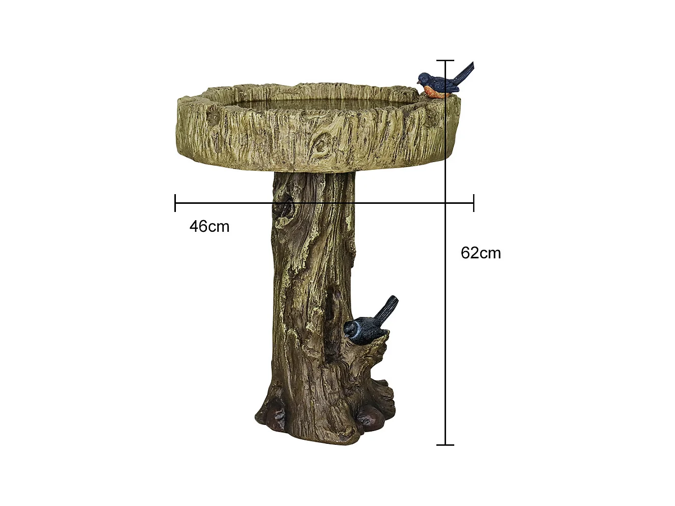 Bain d'oiseaux en béton imitation bois avec oiseau décoratif, résistant aux intempéries (46x46x62 cm)