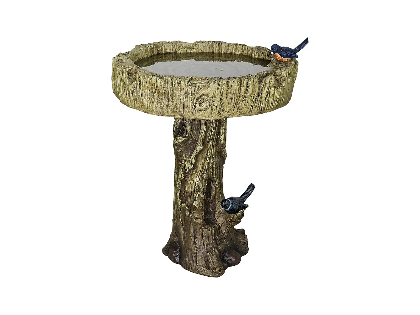 Bain d'oiseaux en béton imitation bois avec oiseau décoratif, résistant aux intempéries (46x46x62 cm)