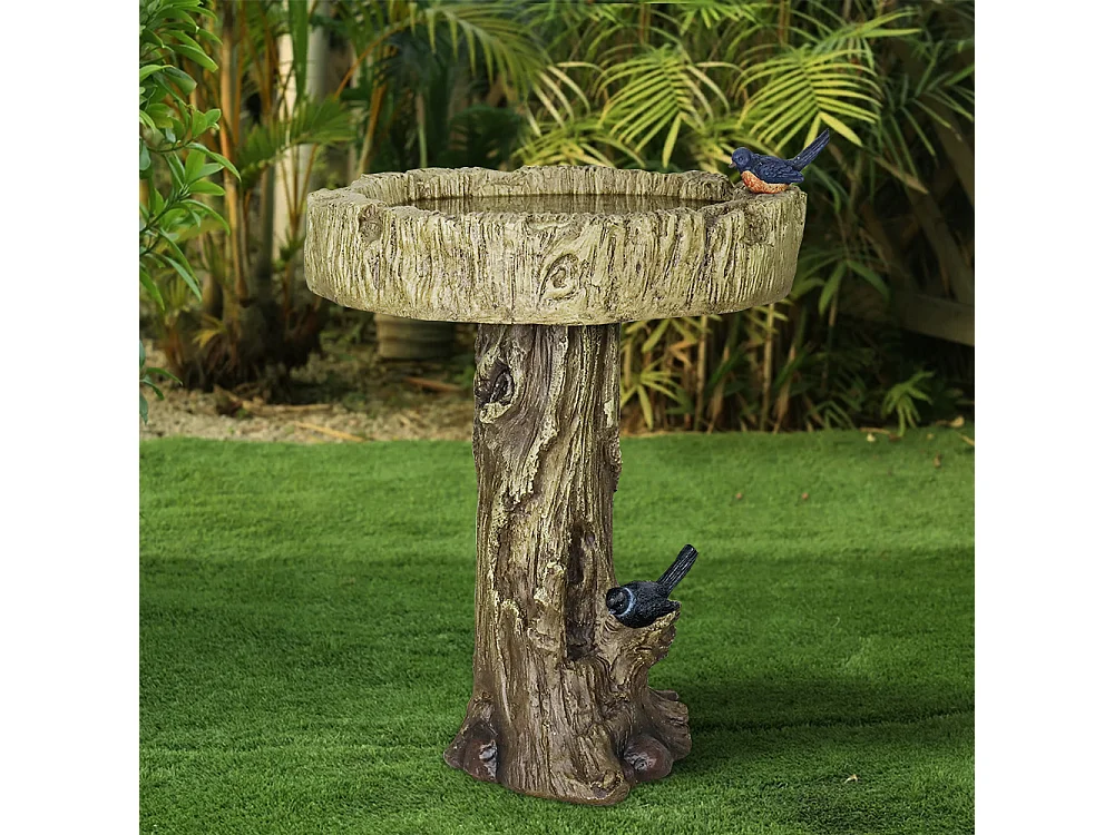 Bain d'oiseaux en béton imitation bois avec oiseau décoratif, résistant aux intempéries (46x46x62 cm)