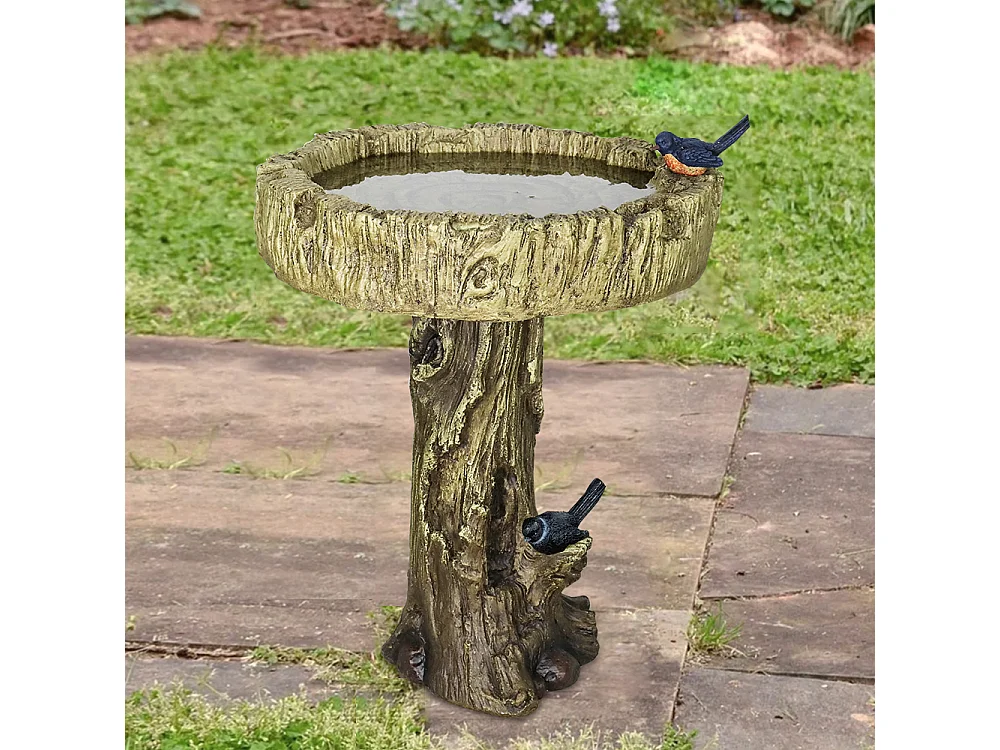 Bain d'oiseaux en béton imitation bois avec oiseau décoratif, résistant aux intempéries (46x46x62 cm)