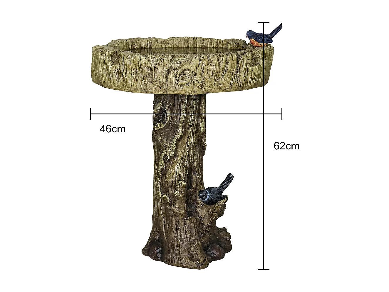 Bain d'oiseaux en béton imitation bois avec oiseau décoratif, résistant aux intempéries (46x46x62 cm)